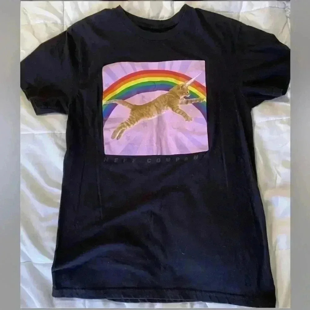 NEFF t shirt UNICORN CAT kitty Rainbow Black shirt‎ top Mens Size Small S funny